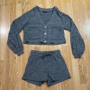 SHEIN Gray Ribbed Button-Front Cropped Cardigan and Short Set